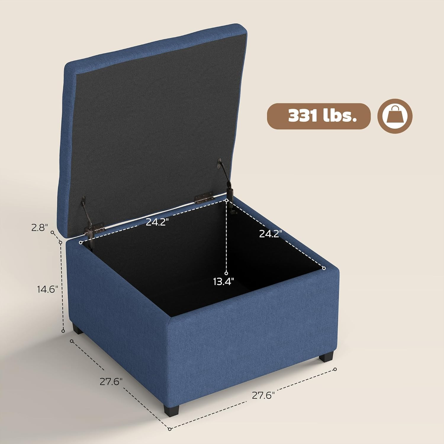 Storage Ottoman Coffee Table with Flip Top Seat Lid Wood Frame Blue | Tufted Uph