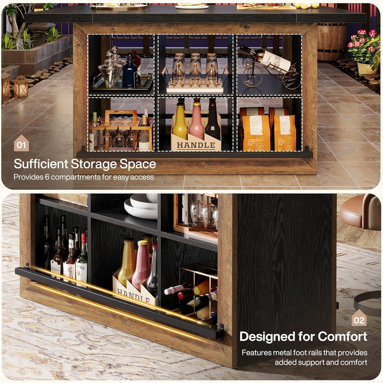 62.6” Rectangular Bar Table Large Home Bar Cabinet Unit with 6 Spacious Cubbies