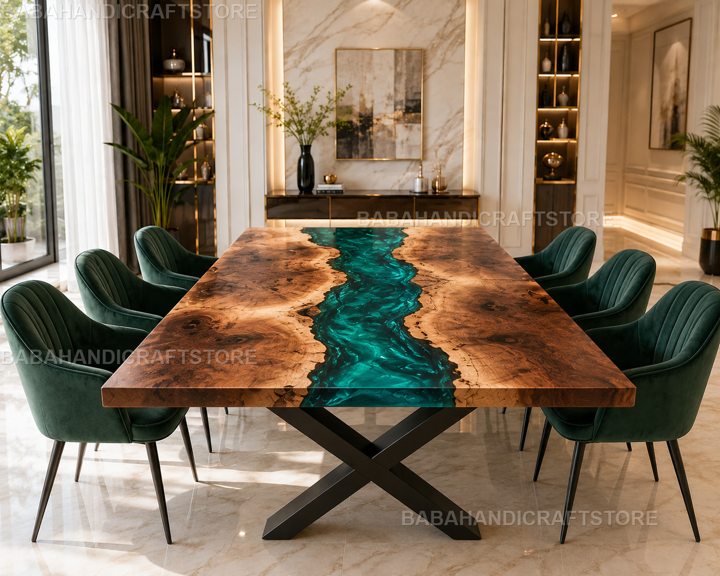 Green Epoxy River Table Live Edge Olive Wood Dining Tabletop Custom Made