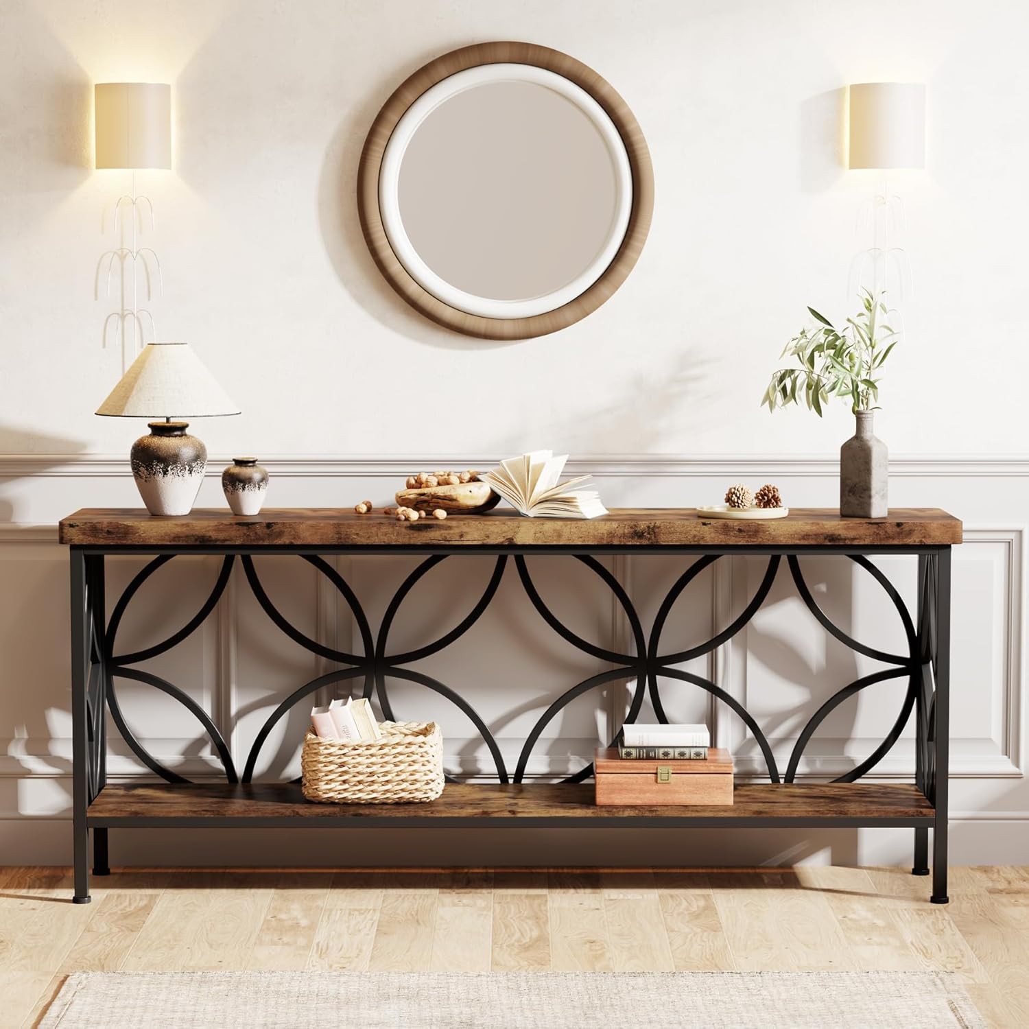 Rustic Brown 70.9in Tribesigns Long Entry Console Table Living Room Behind