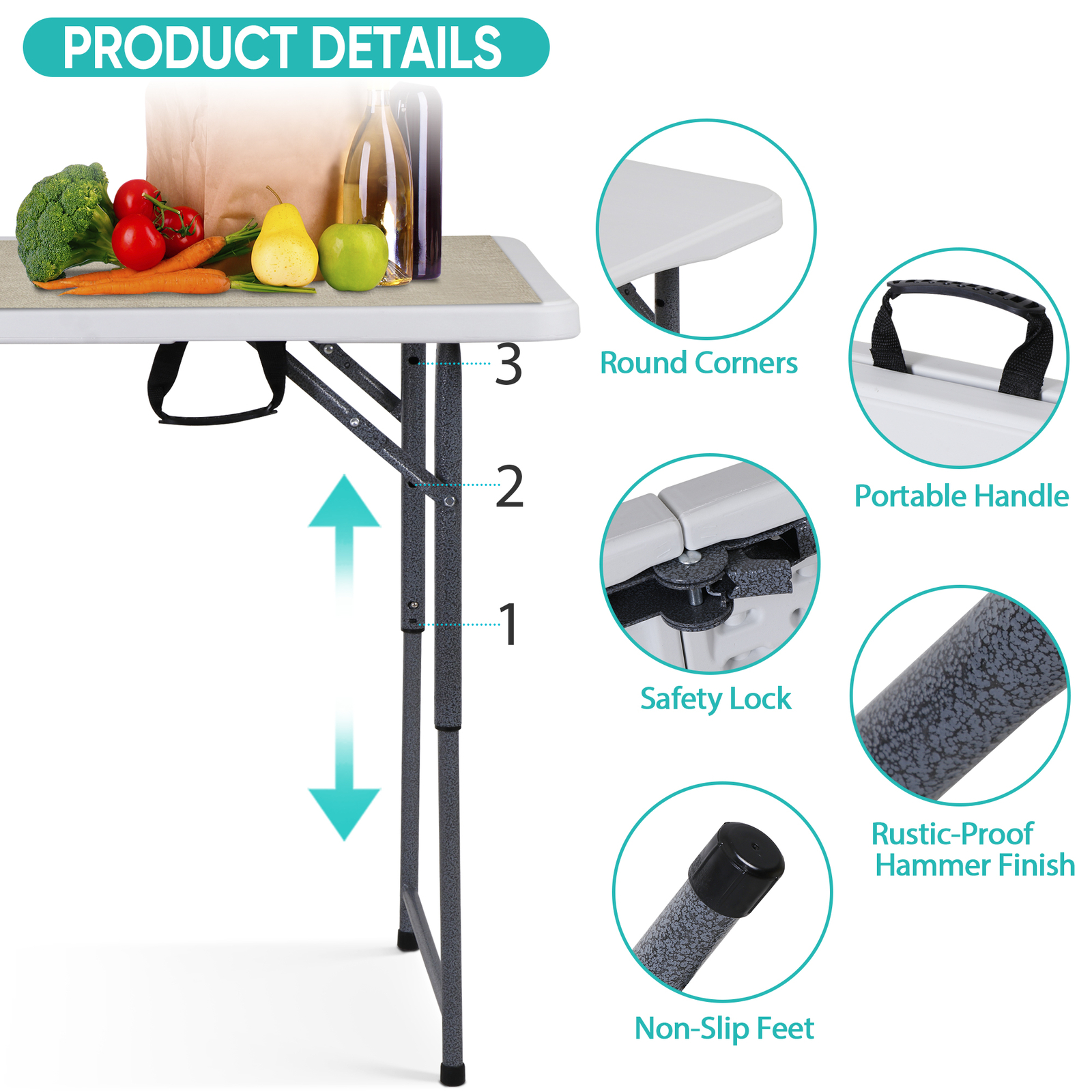 Folding Table Adjustable 4FT Plastic Table Picnic Camping w/Carry Handle White