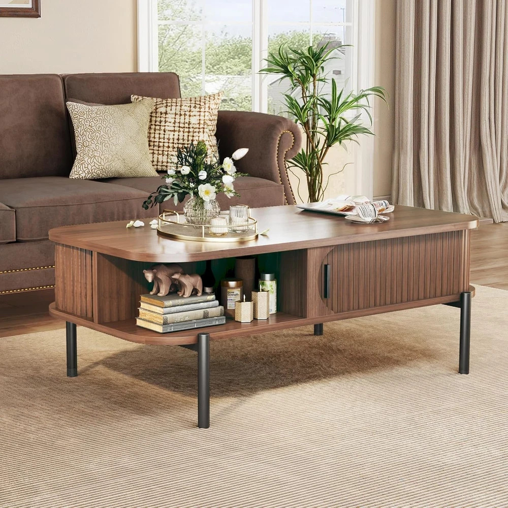Mid Century Modern Coffee Table with Storage, 39.4″ Walnut Fluted Design