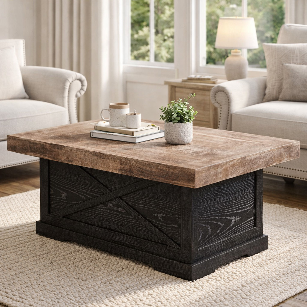Rustic Square Coffee Table 39.4″ Dark Oak Black for Living Room & Modern Office