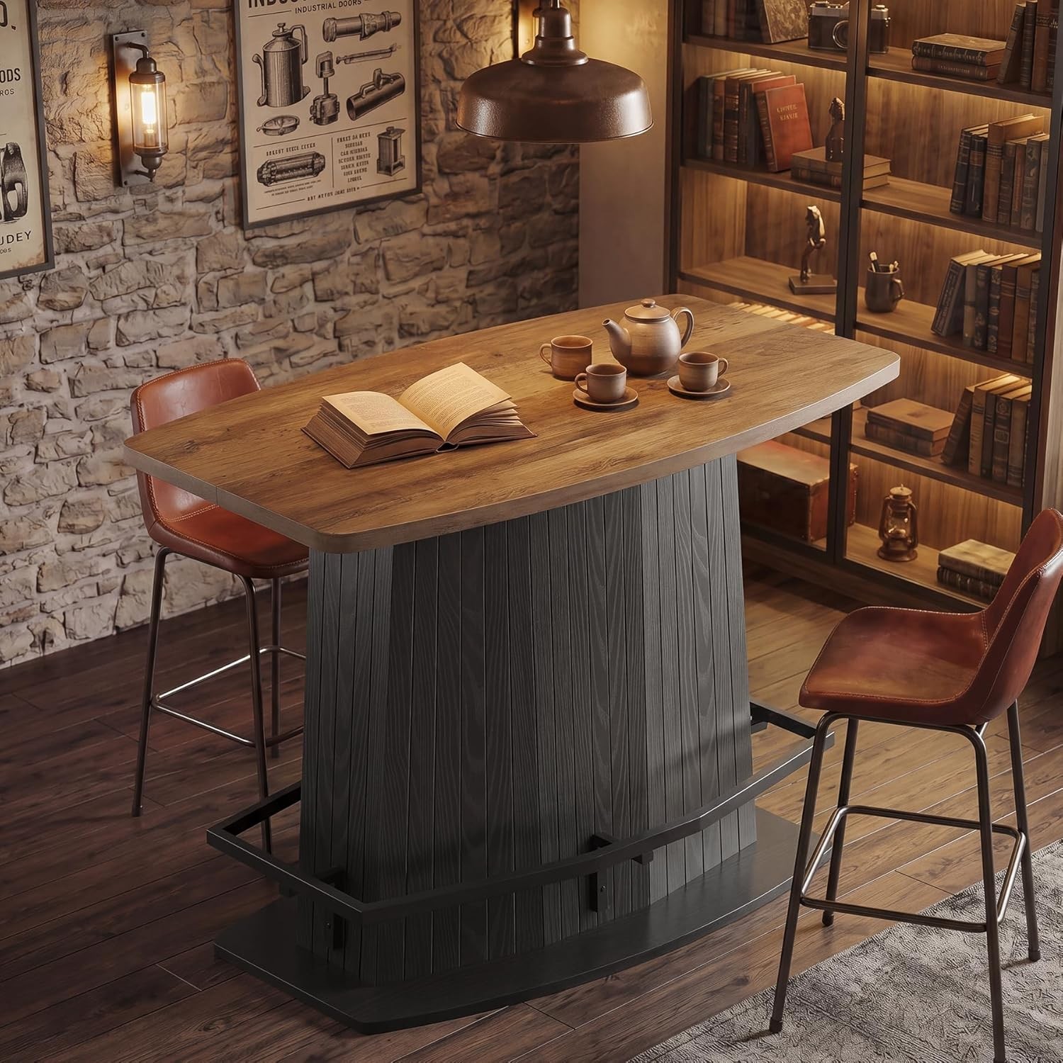 42” Modern Bar Table Rectangular High Top Bistro Table w/ Fluted Pedestal Base