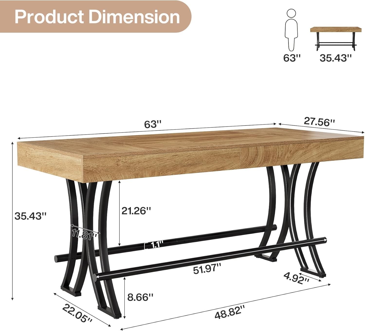 63″ Counter Height Dining Table with Footrest, Rectangular Kitchen Bar Pub Table