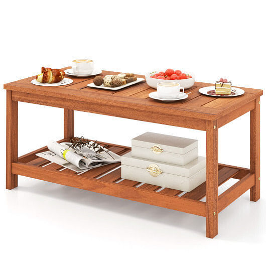 2-Tier Patio Coffee Table with Slatted Tabletop and Shelf – Color: Natural