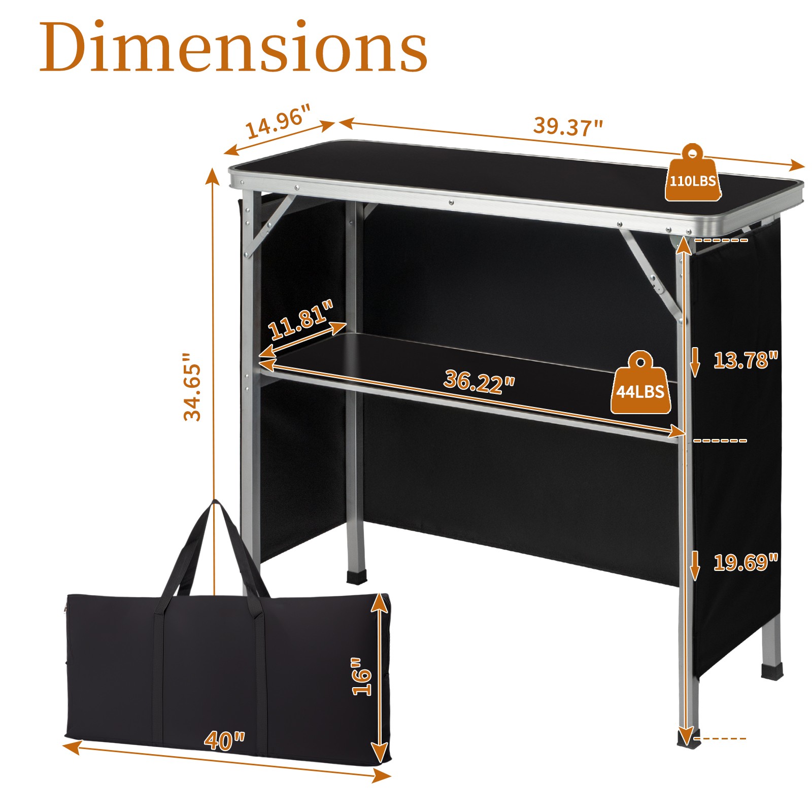 Portable Folding Bar Table with Shelf, Tradeshow Podium Black Skirt Carrying Bag