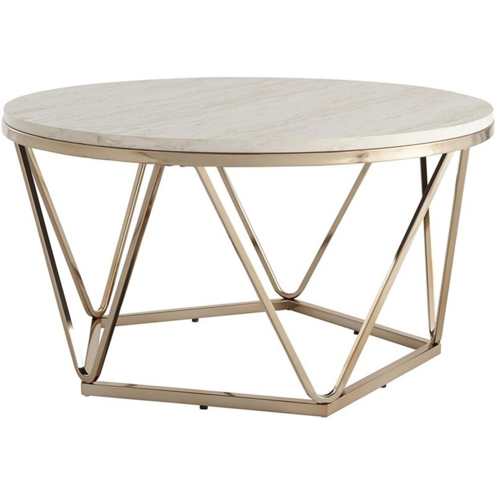 SEI Furniture Luna 33″ Round Faux Stone Top Coffee Table in Champagne