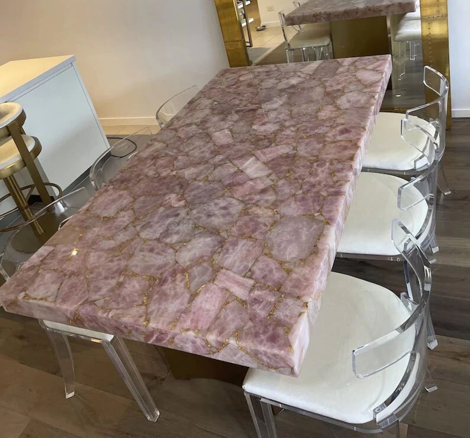 Rose Quartz End Table Top with Golden Foil | 12 x 12 Inches Quartz Coffee Table