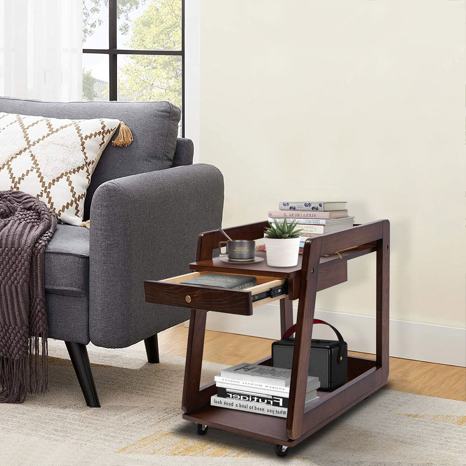 40*60*60cm 2-Tier Wood End Table Max 10kg Side Table Couch Table W/Wheel&Drawer