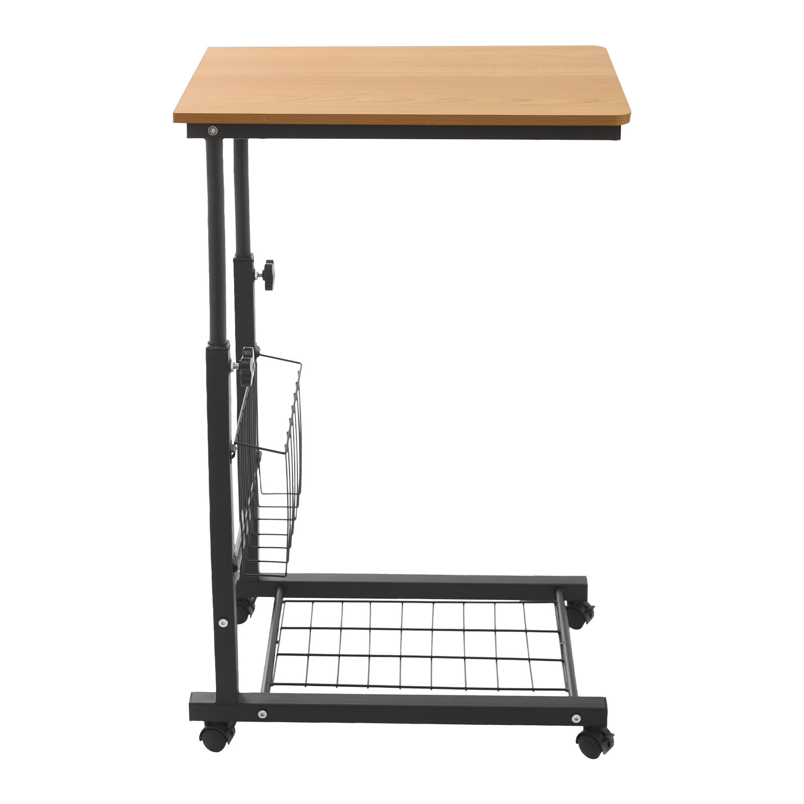 2 Tiers Adjustable Bed Side Table Teak Color Mobile Standalone Table w/ Wheels