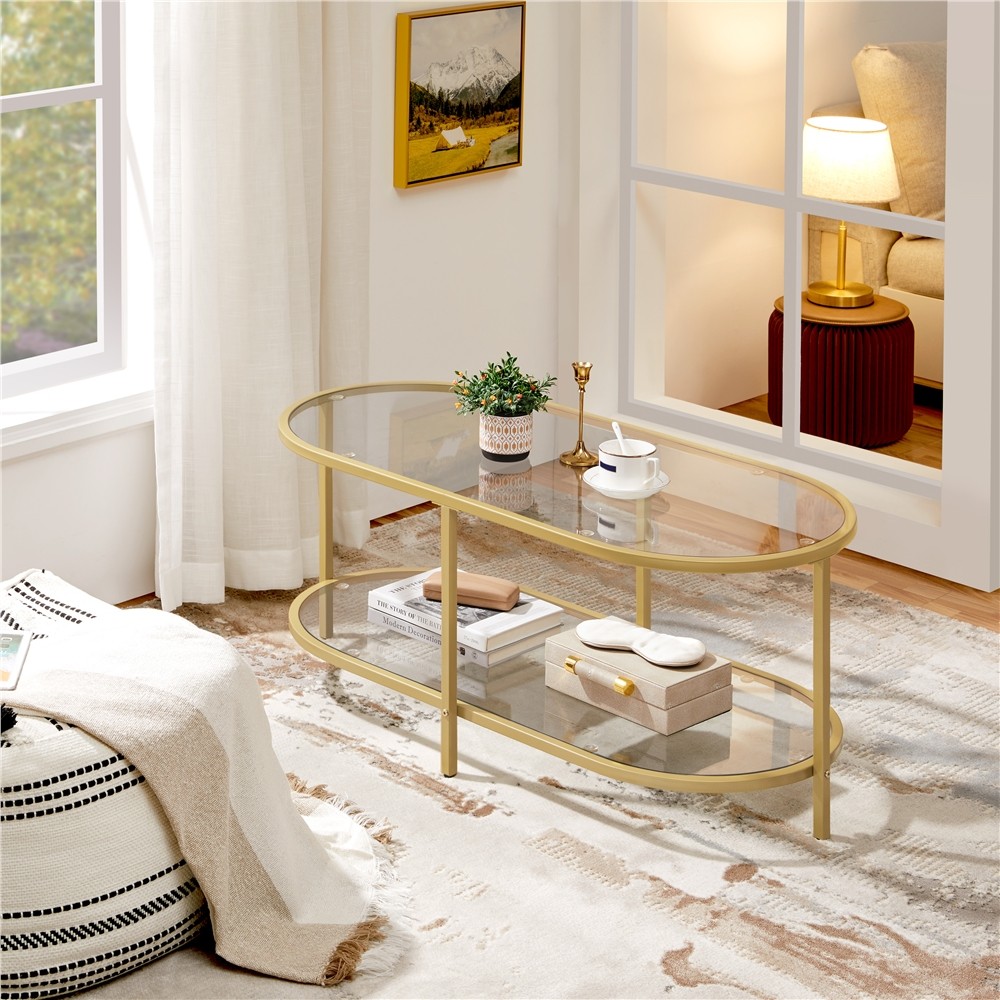 2-layer Tempered Glass Coffee Table with Storage Space for Living Room