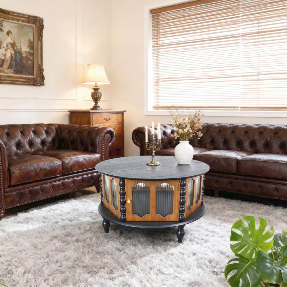 31.5 in Round Three-Door Storage Coffee Table Real Wood Veneer Coffee Table