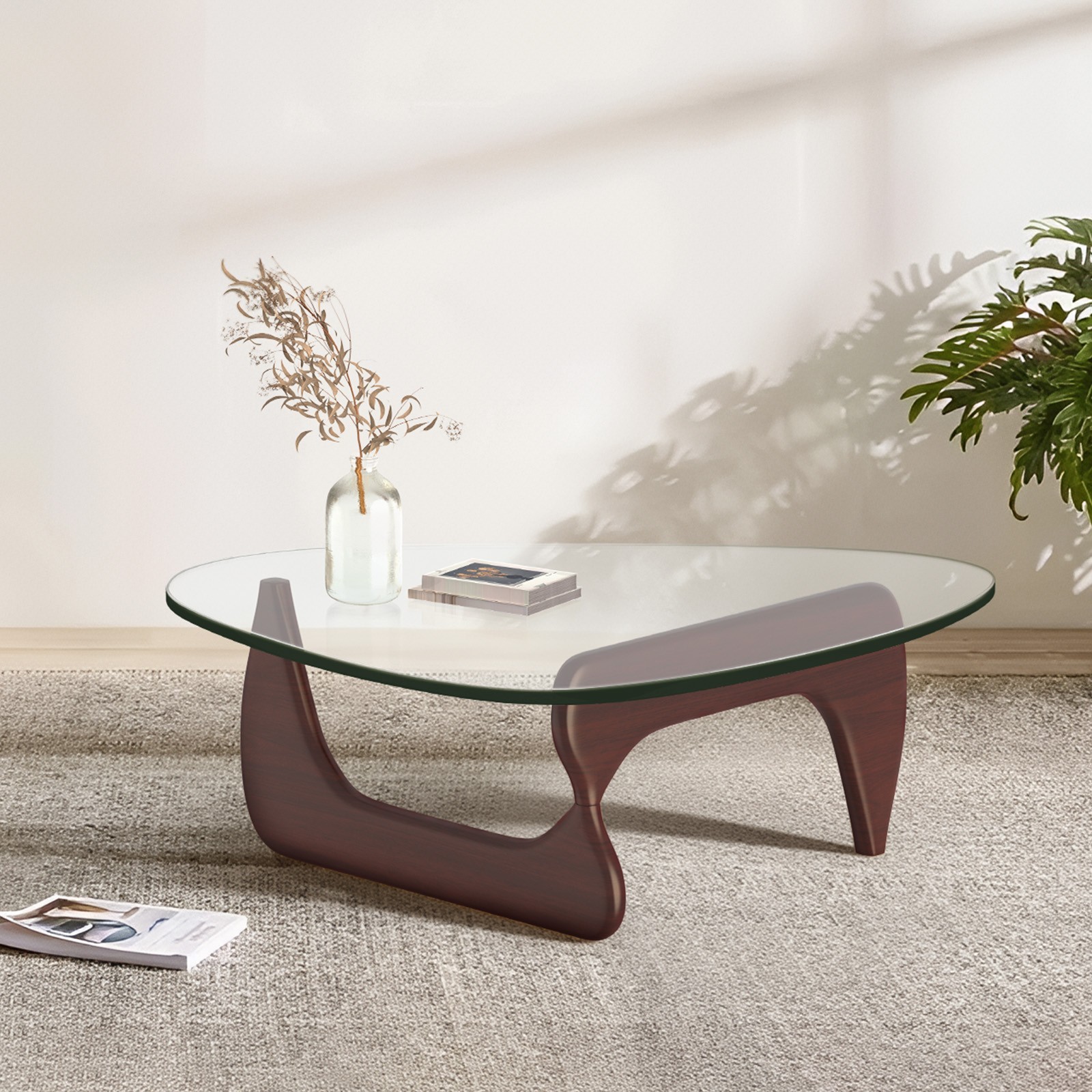 Open Box Noguchi Style Coffee Table in Walnut 8mm Triangle Glass Solid Wood Base
