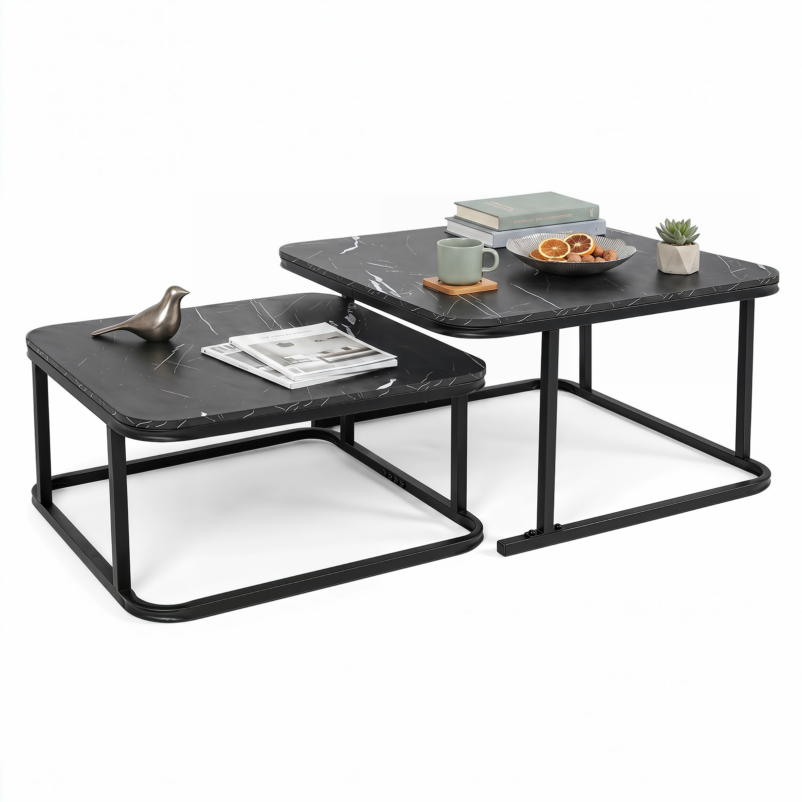 Nesting Coffee Table Set of 2 with Faux Marble Tabletop & Metal Frame for Home