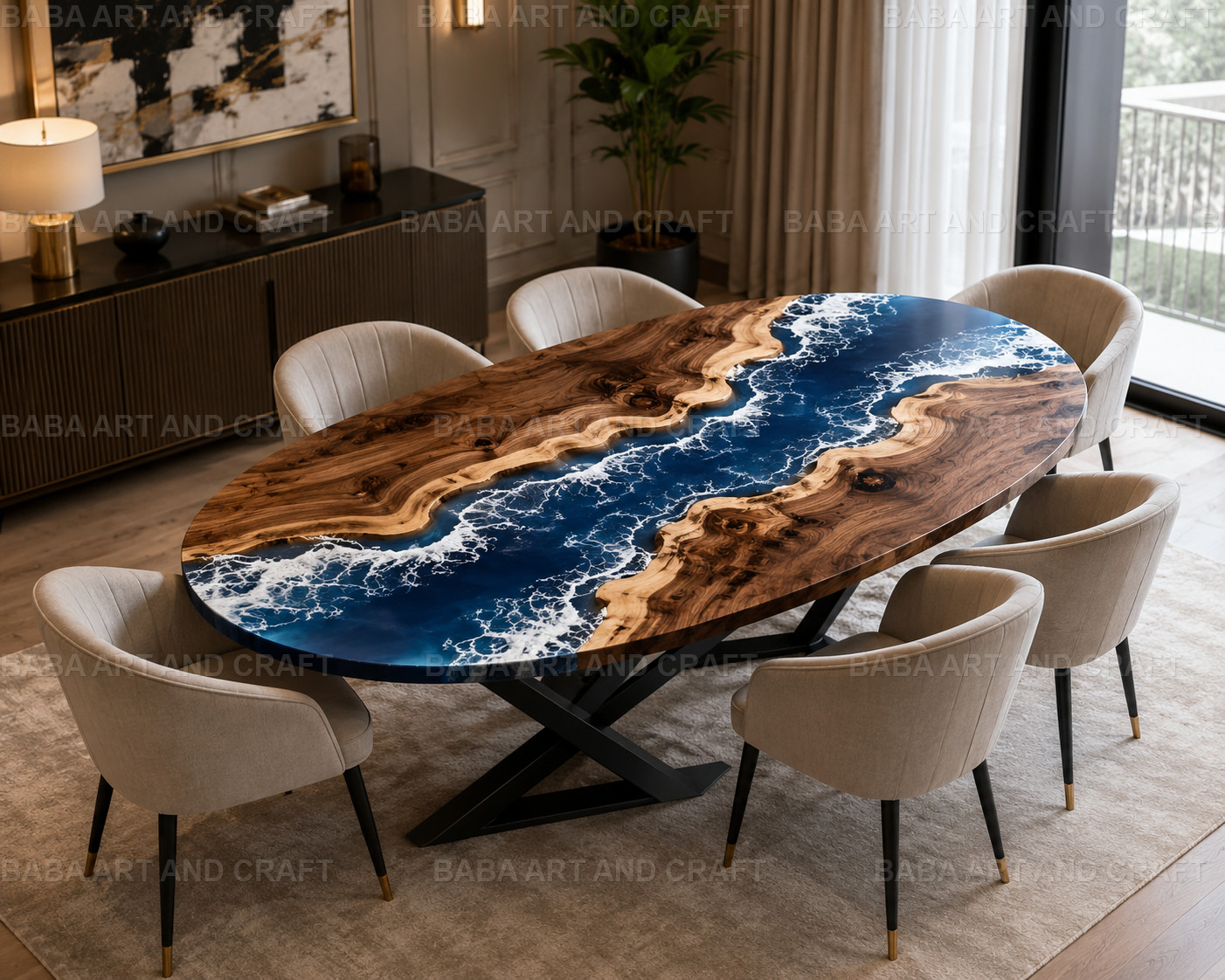 Handcrafted Ocean Wave Epoxy Dining Table | Oval Olive Wood River Table | 12X24