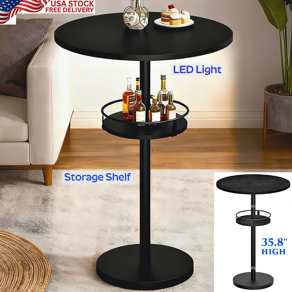 ROUND BAR TABLE PUB COCKTAIL WOOD TOP TABLE WITH LED LIGHT AND STORAGE SHELF NEW