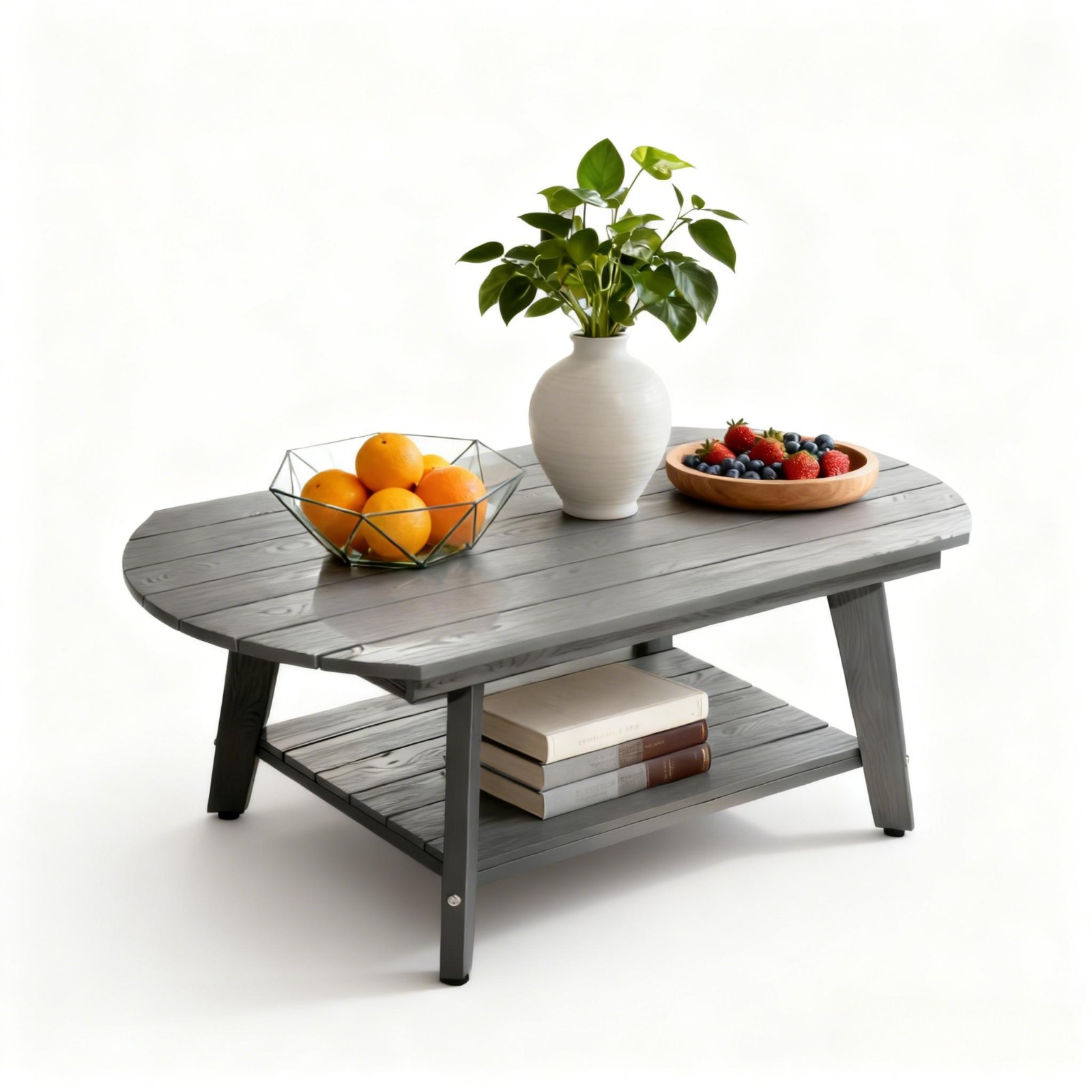 HIPS Coffee Table 2-Tier Oval Coffee Table with Storage Shelf Farmhouse ，Gray