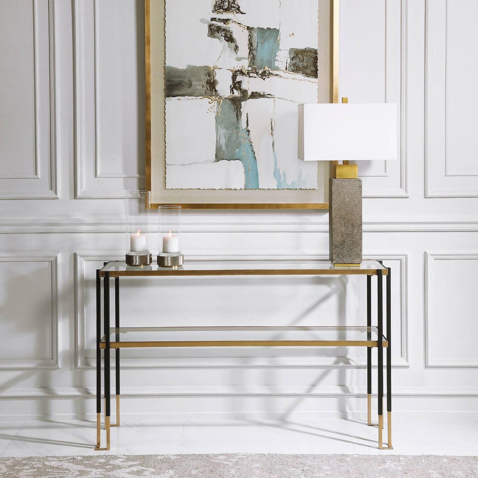 Modern Black Gold Console Table 53 1/2″ x 13 1/2″ with Glass Shelf Living Room
