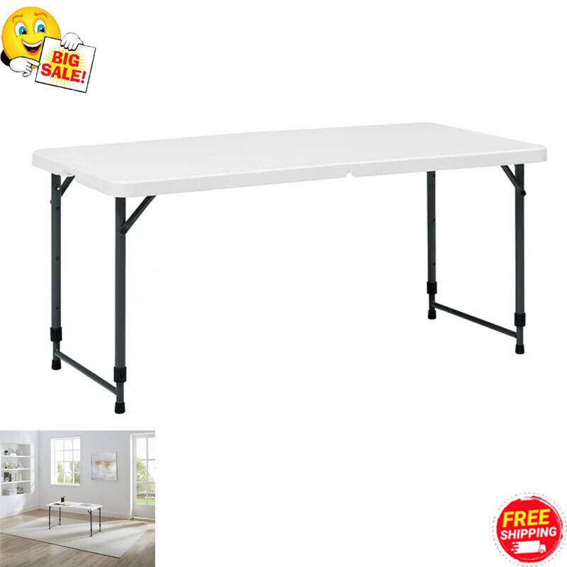 4 Ft Rectangular Folding Table Adjustable Height Durable Indoor Outdoor White US