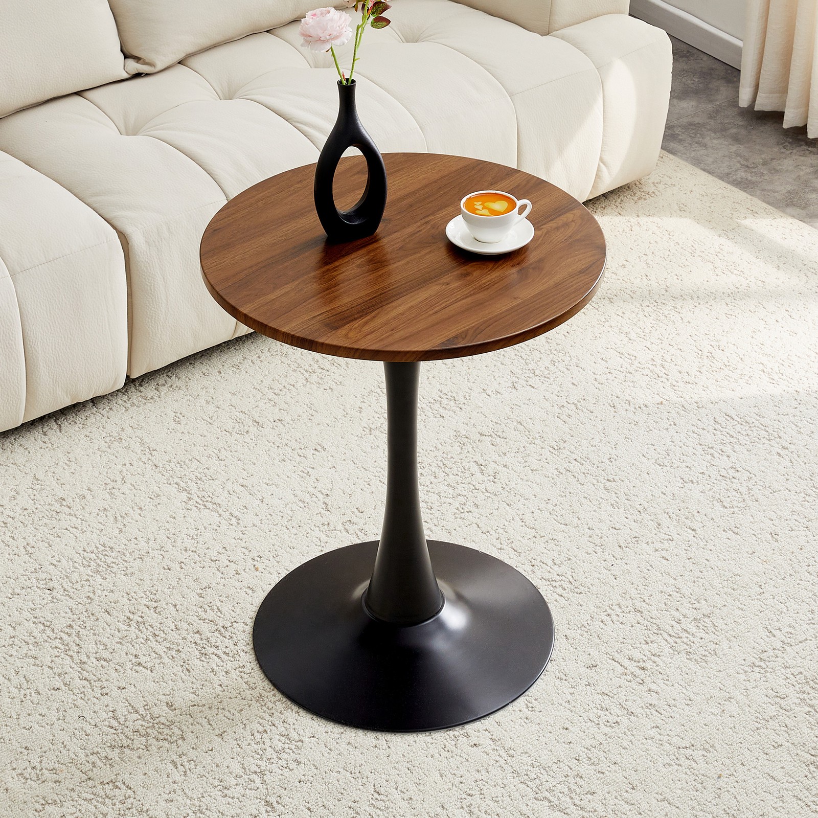 Round Tulip Dining Table 23.6″ Faux Walnut MDF Top Metal Pedestal Base