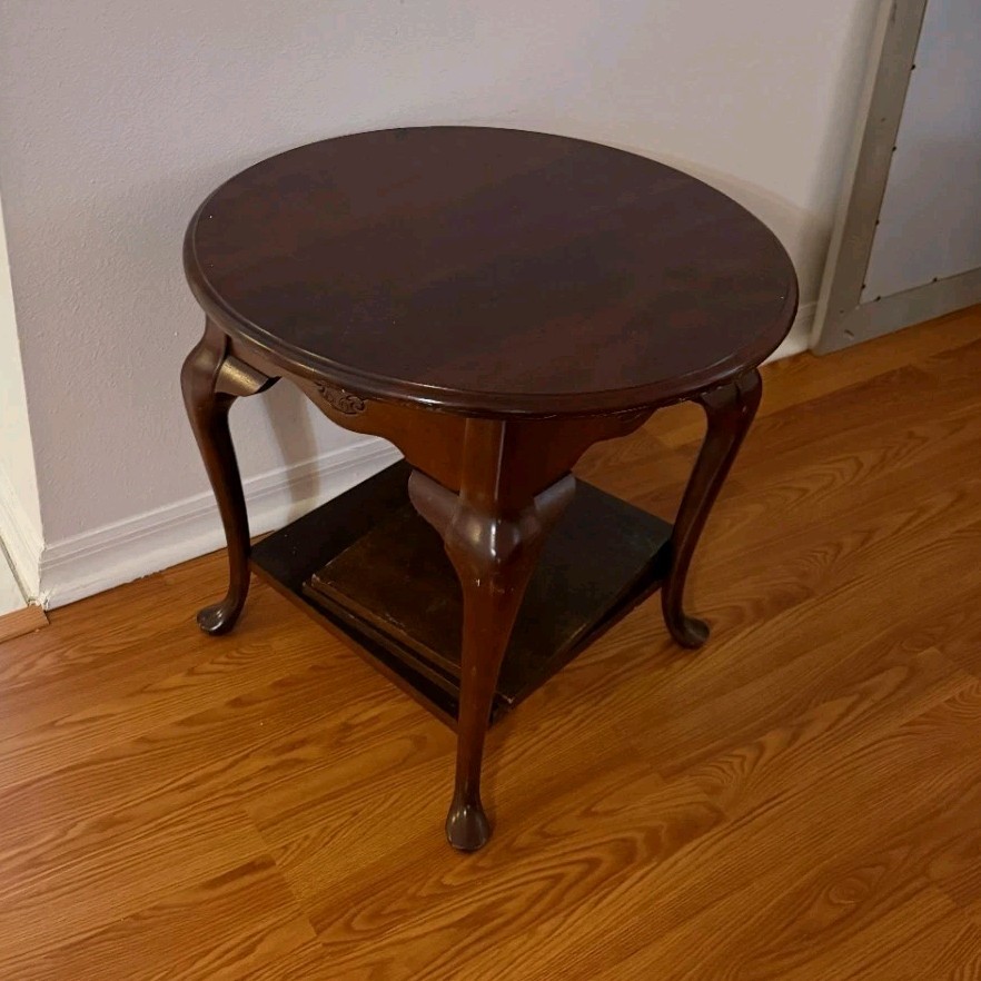 Round Dark Wood End/Side Table with Glass Top, Brown, Solid, Indoor
