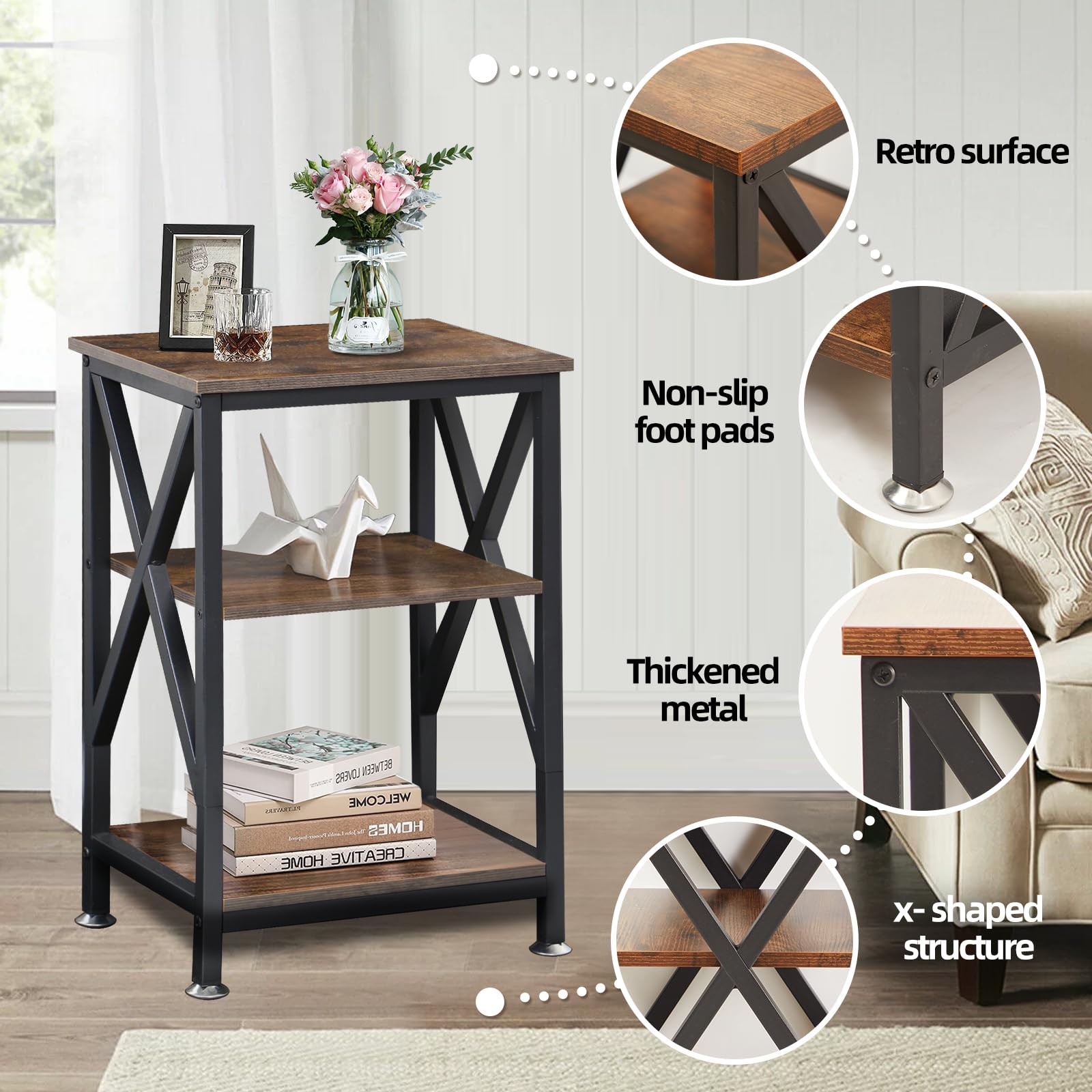 Farmhouse End Tables Set 2 Wood Metal 24 Inch Nightstands Espresso XFrame Stora
