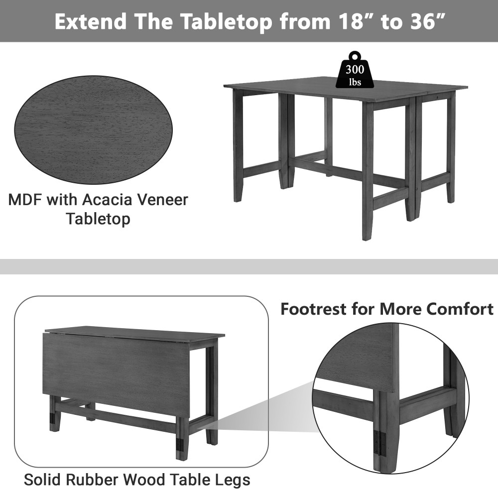 Extendable Drop Leaf Dining Table Farmhouse Gray Solid Wood for 4