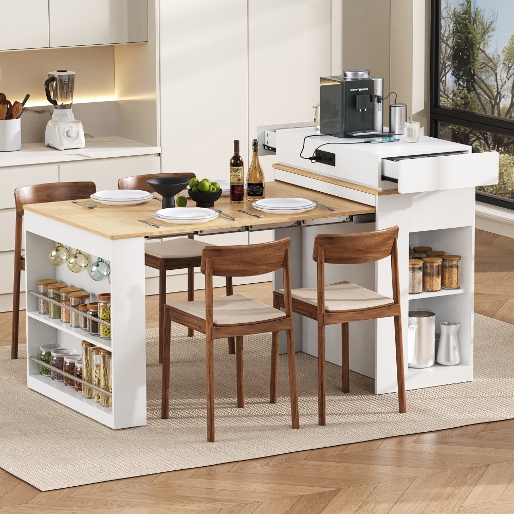 Extendable TREXM Rolling Kitchen Island with , Built-in Socket & Side Hooks