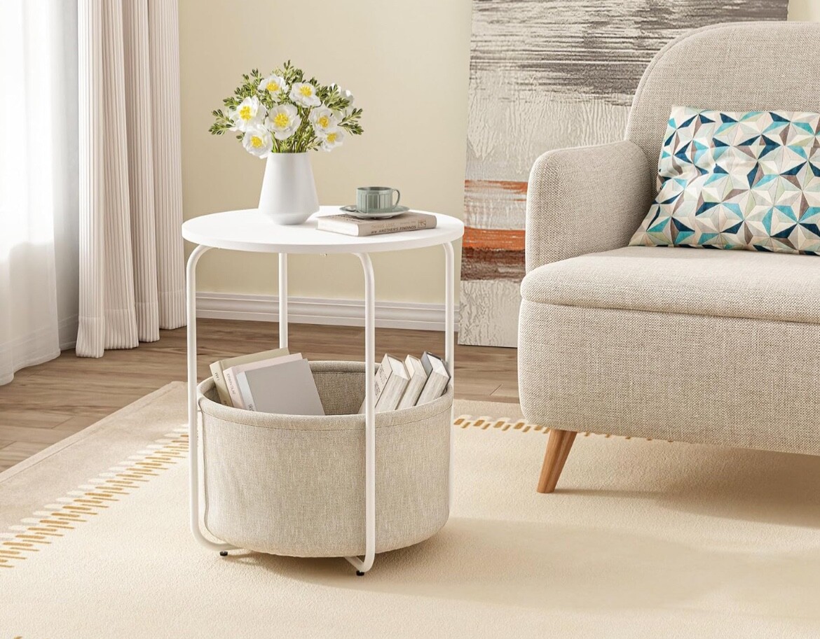 End table, Small White Bedside Table with Beige Fabric Basket