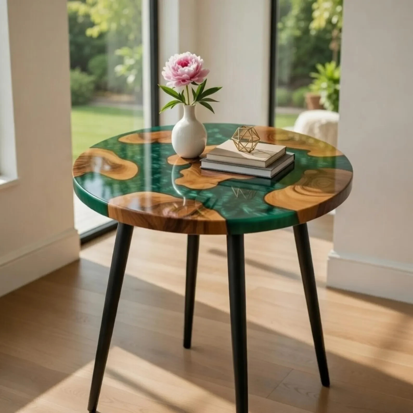 12″ Luxury Green Epoxy Resin Coffee Table Round Wood River Table Home Decor