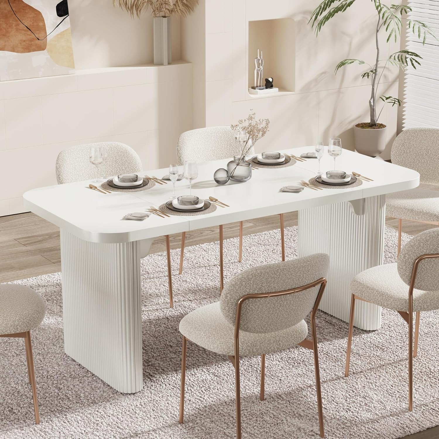 62” White Modern Dining Table Rectangular Wooden Kitchen Table for 4-6 People