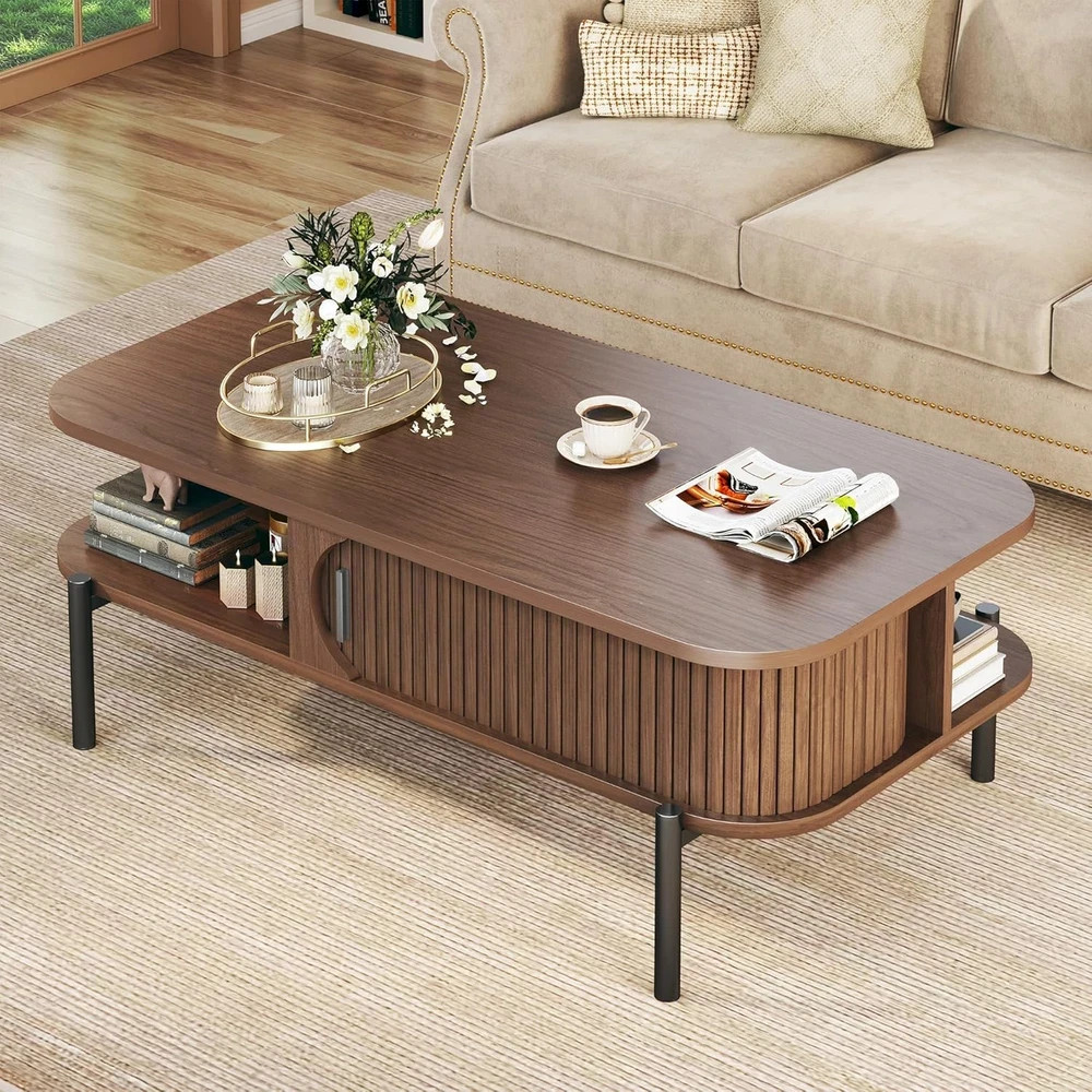 Mid Century Modern Coffee Table with Storage, 39.4″ Walnut Fluted Design