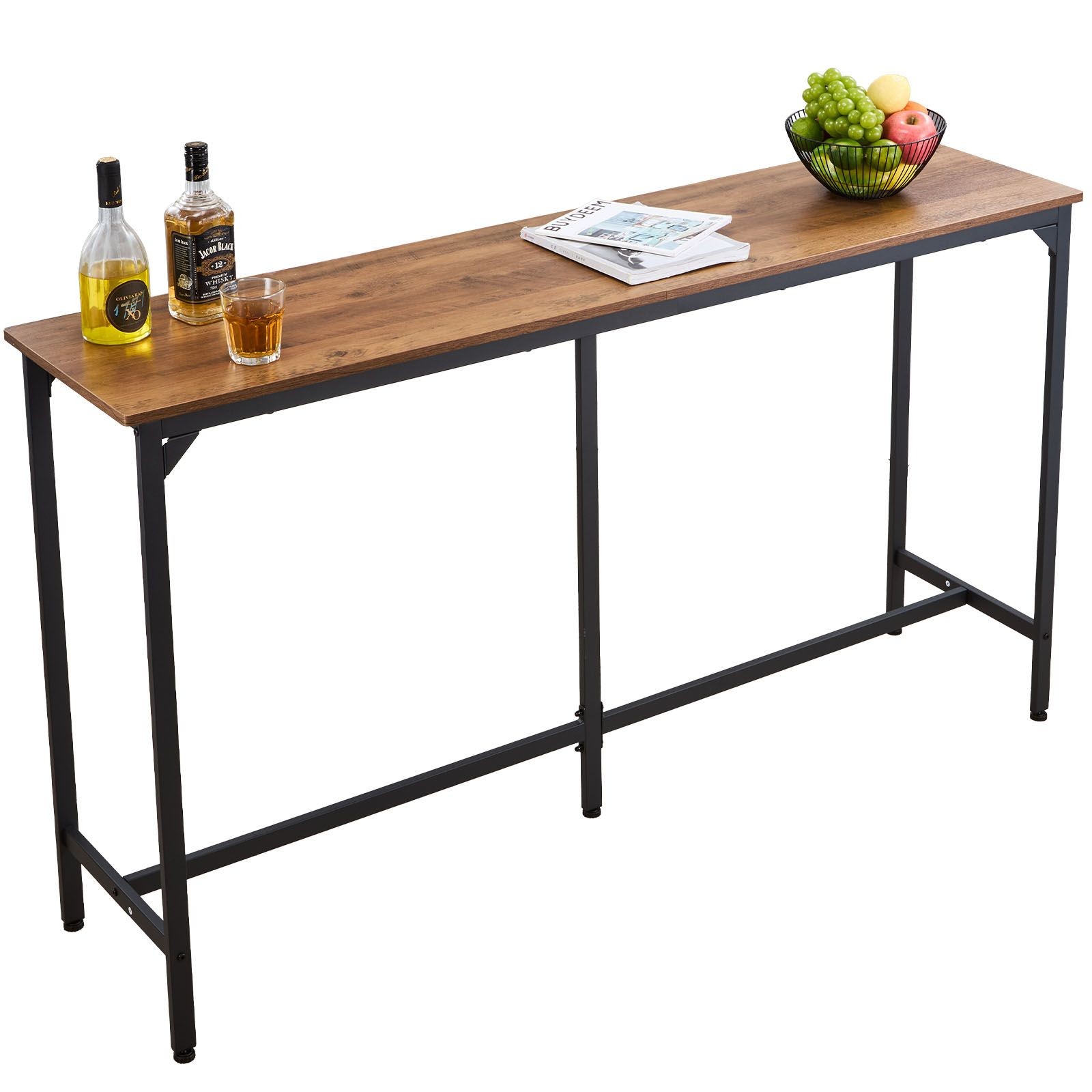 53″ Rectangular High Top Bar Table with Rounded Edge, Light Brown and Black