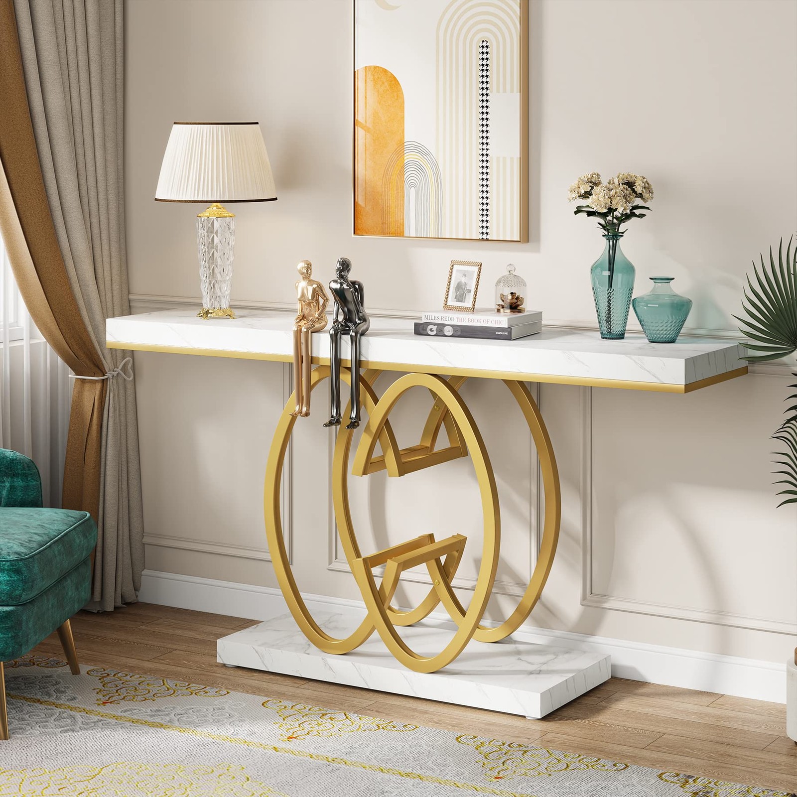 55″ Console Table for Hallway, Faux Marble Gold Entryway Table w/Geometric Metal