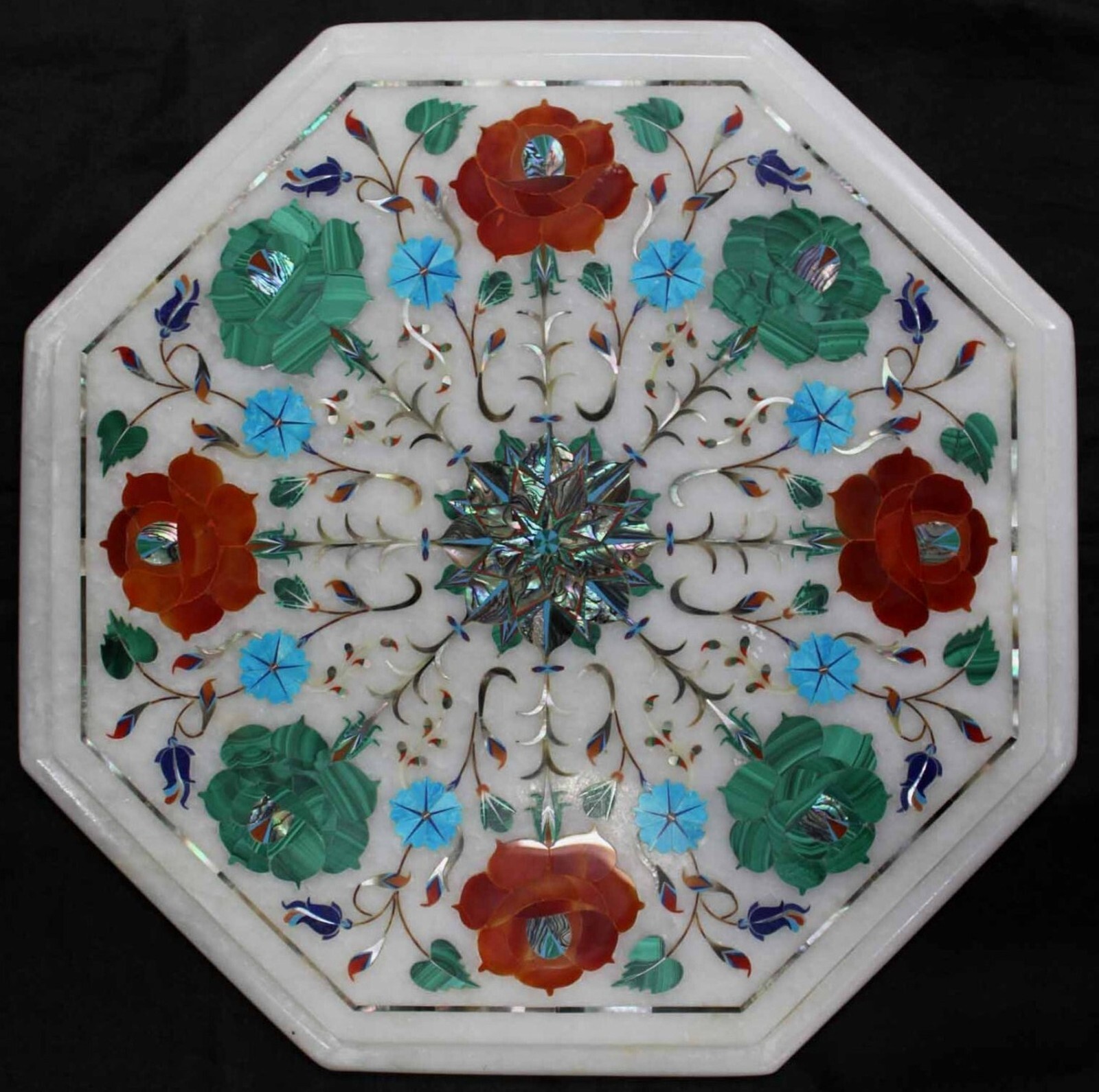 White Marble Coffee Table Top Semi Precious Gemstone Inlay Work Balcony Table