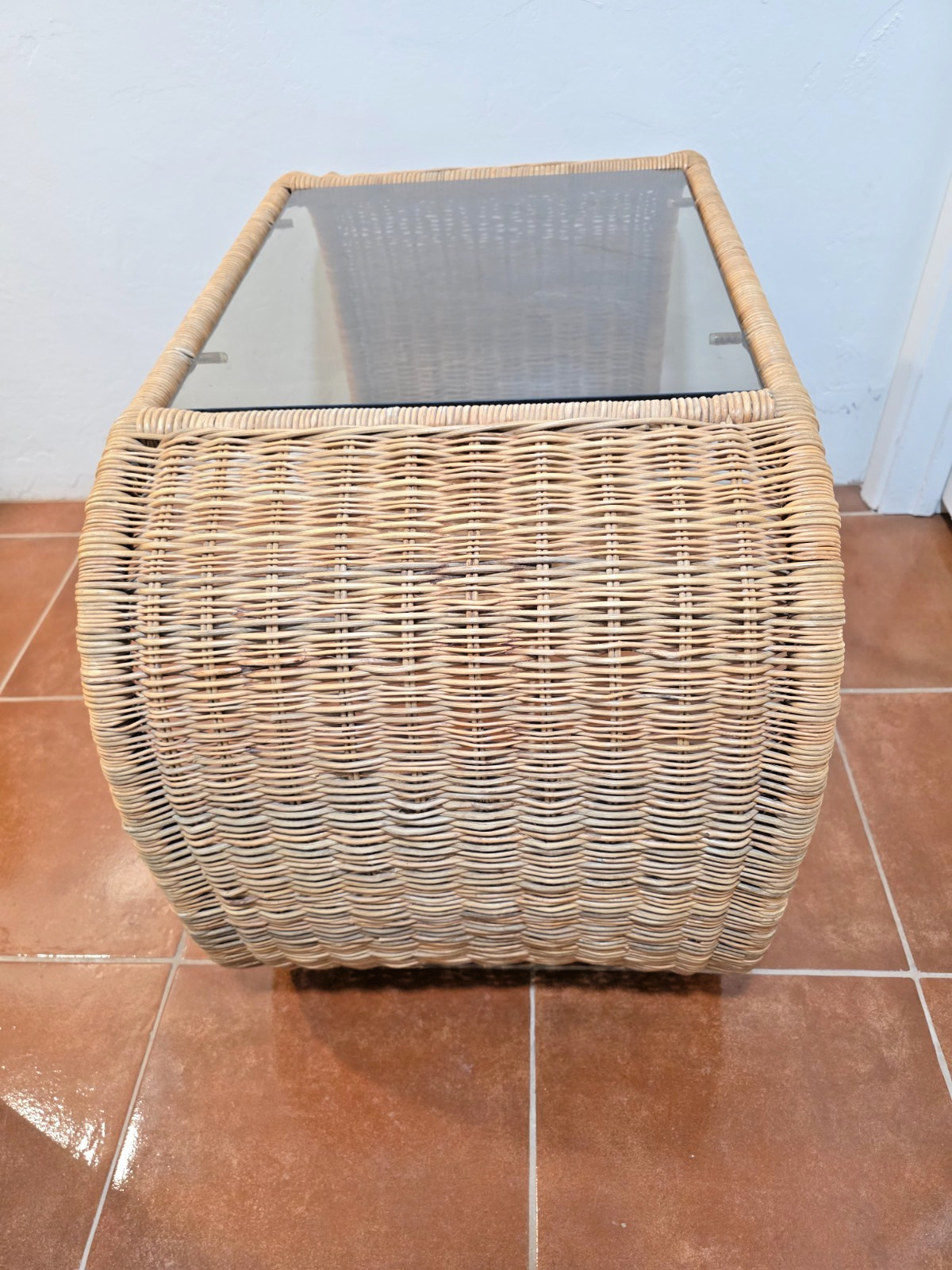 Vintage 1970s Wicker Waterfall Side End or Coffee Table Smoky Glass Top MCM Boho