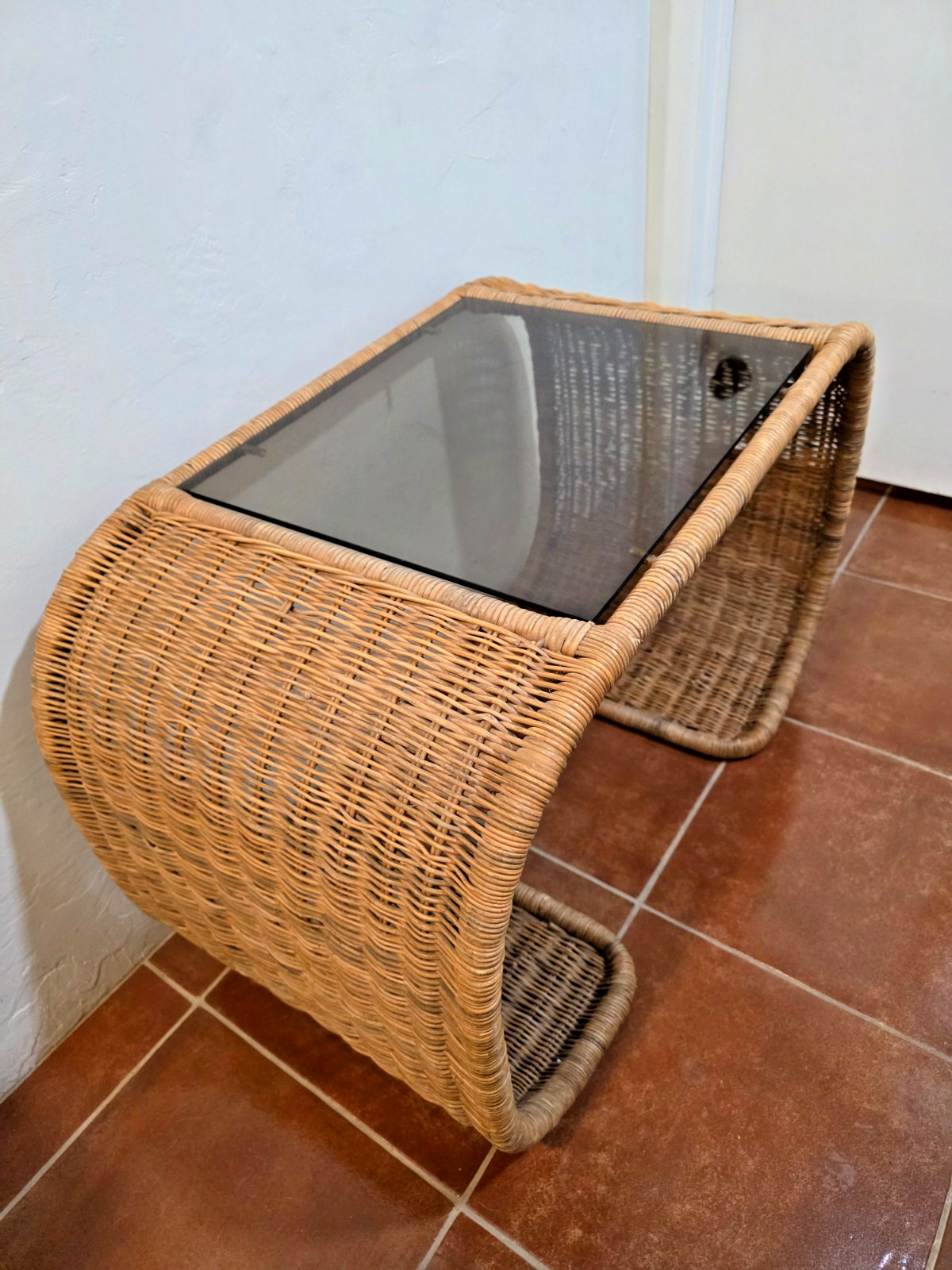 Vintage 1970s Wicker Waterfall Side End or Coffee Table Smoky Glass Top MCM Boho