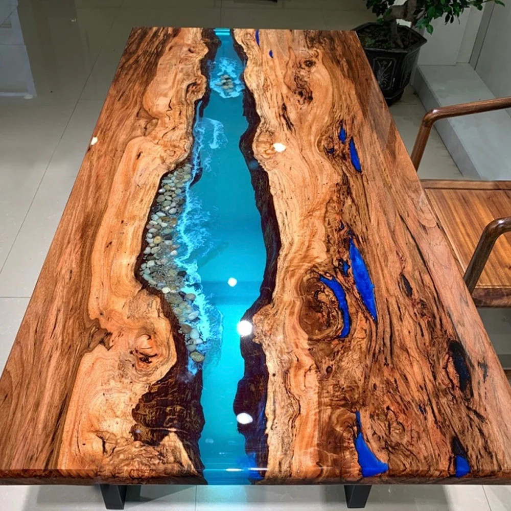 epoxy table blue and wood finish handmade