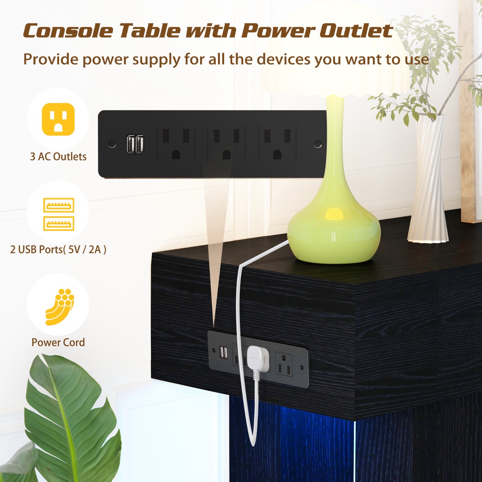 63 Inch Long Console Table with Outlets and USB Ports, Sofa Table with LED Light