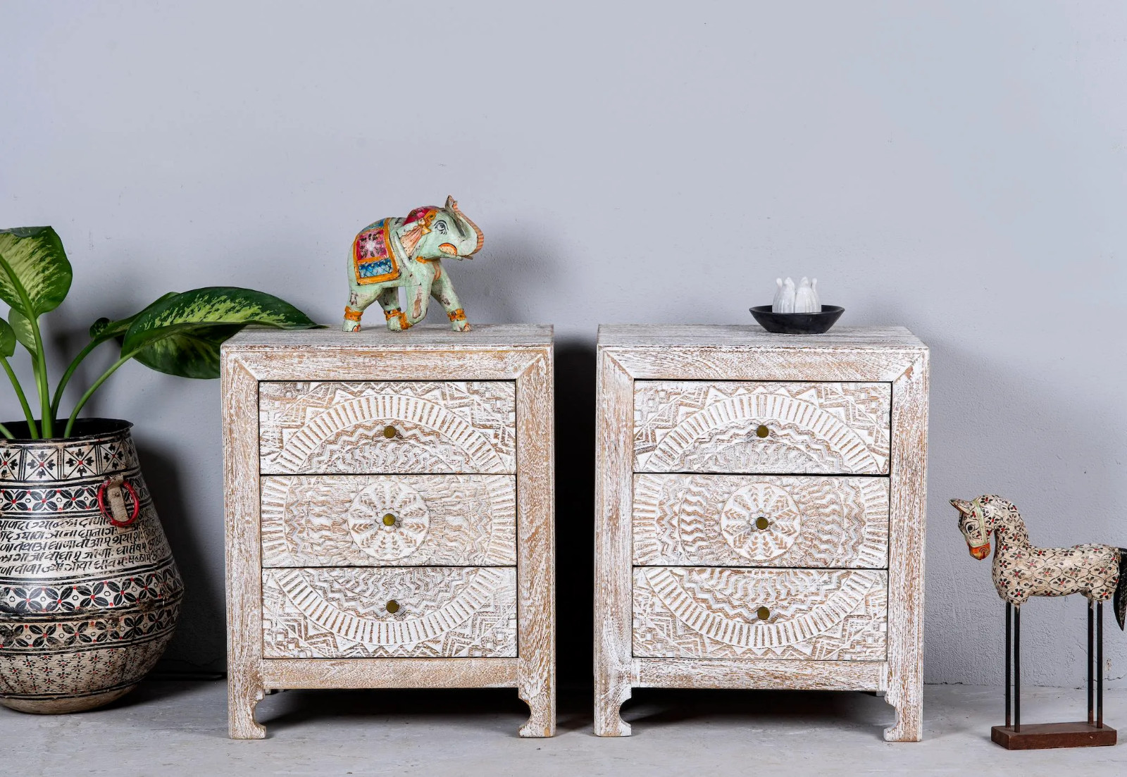 Solid Wood Bedside Table Handmade Hand Carved Hand Painted Cabinet