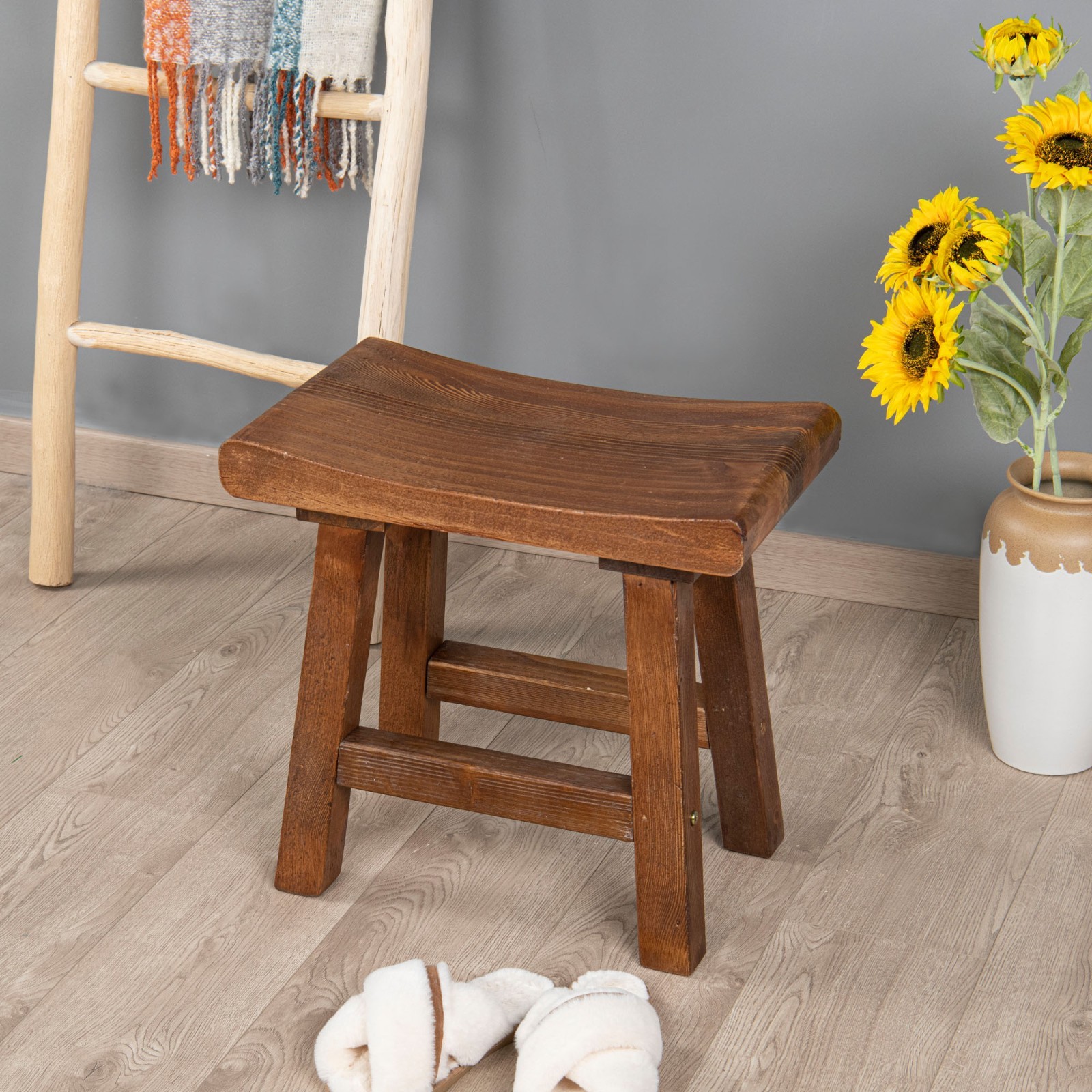 Rustic Old Pine Wooden Stool Bench Side Table Farmhouse Bedside Table 18.5″ H