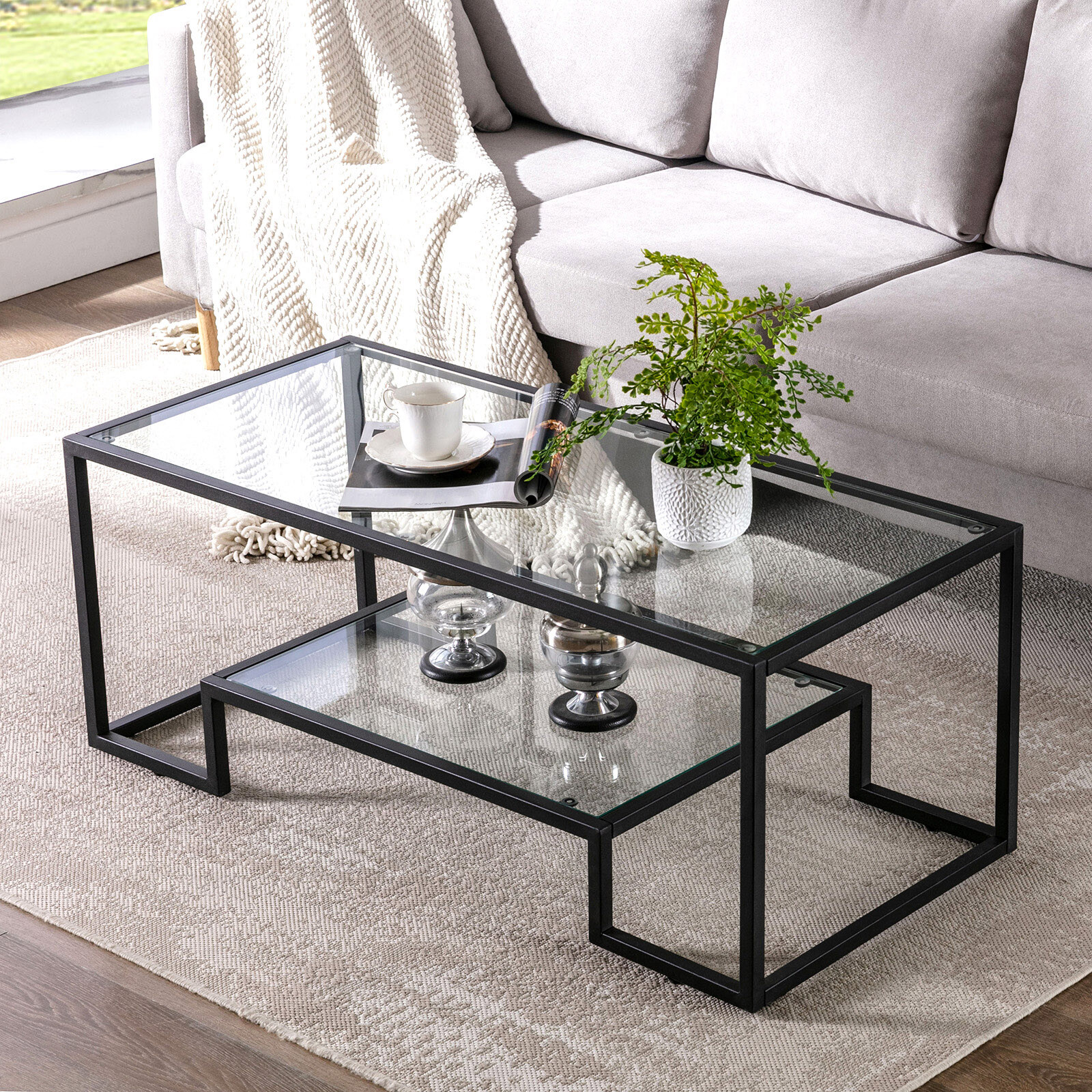 COSVALVE Black Metal Glass Coffee Table Side Table w/Shelf Home Office Furniture