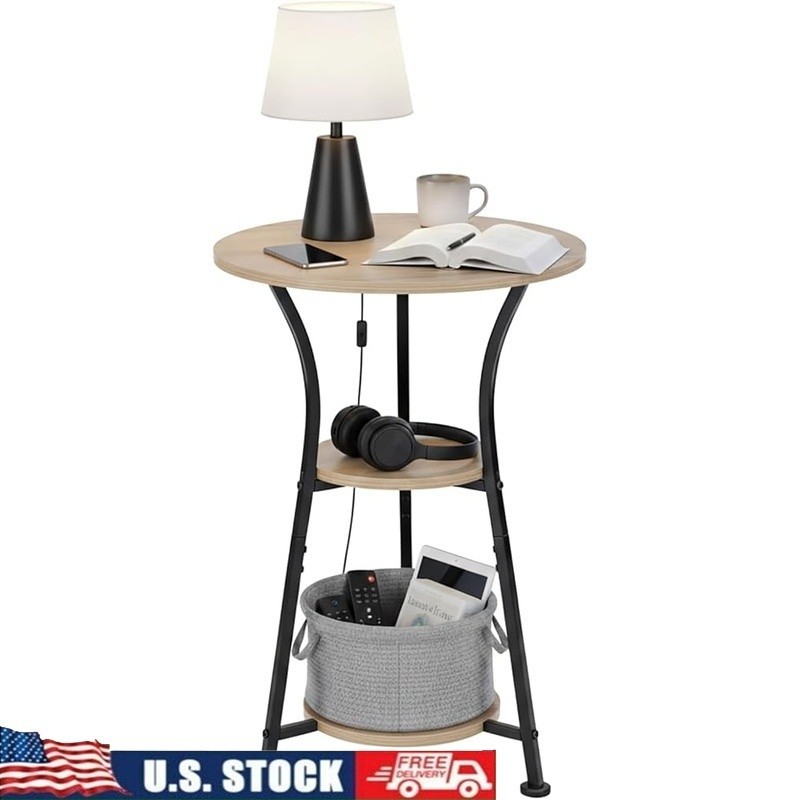 Rustic Round Side Table Multi-functional End Table 3 Tier Storage Unit New