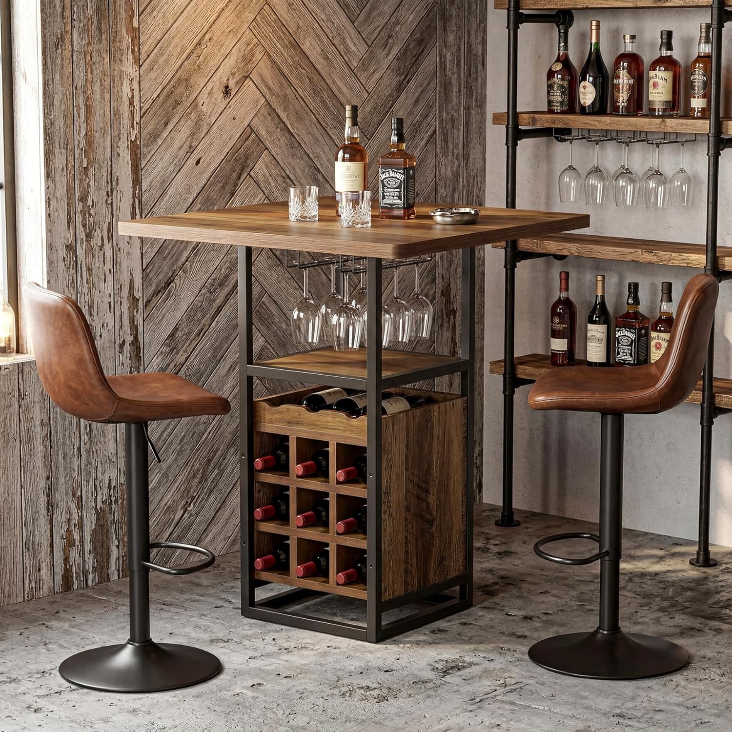 Versatile Square Bar Table Wine Bar Cabinet with Open Storage Shelves for Bistro