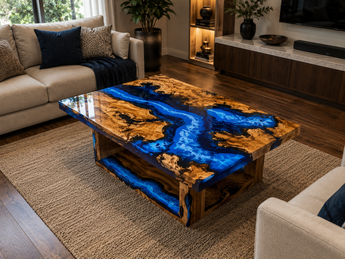 Live Edge Wood Coffee Table Blue Epoxy River Table Handmade Designer Table