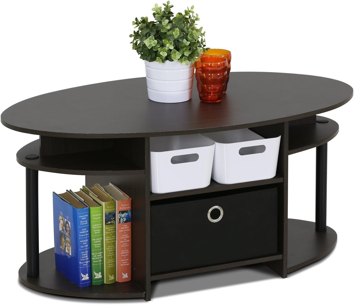 Stylish 35.4” Walnut Oval Coffee Table with Shelves and Bin for Easy Living