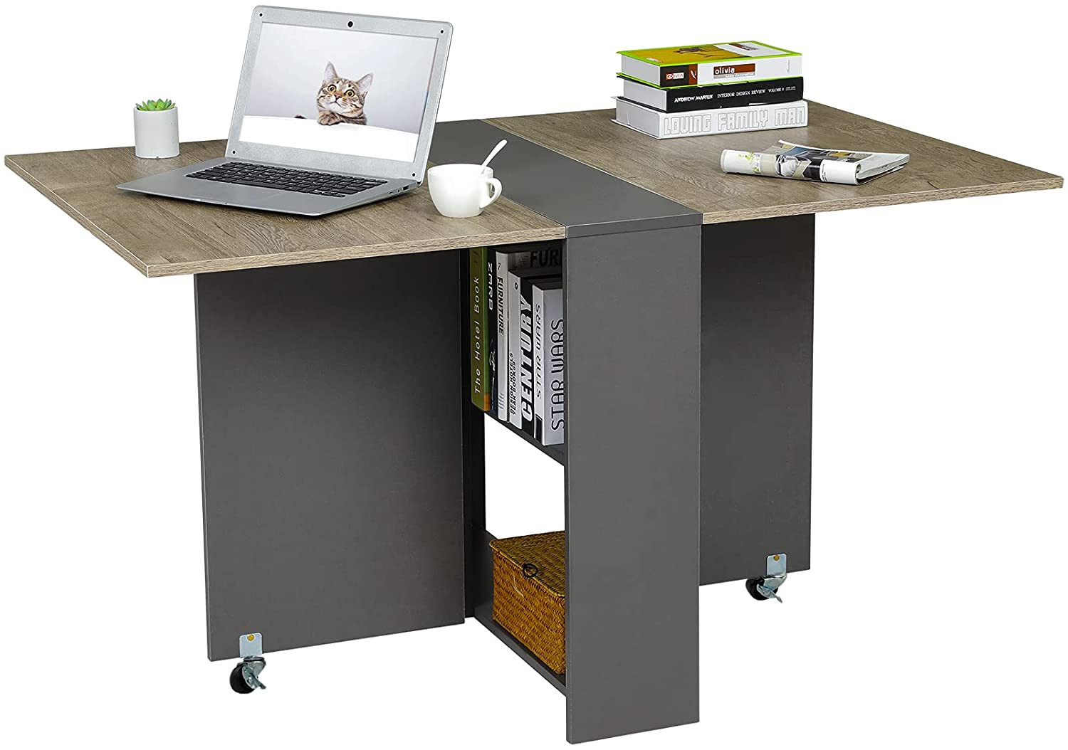Folding Dining Table, Drop Leaf Dining Table with 6 Wheels and 2-Layer Storage S