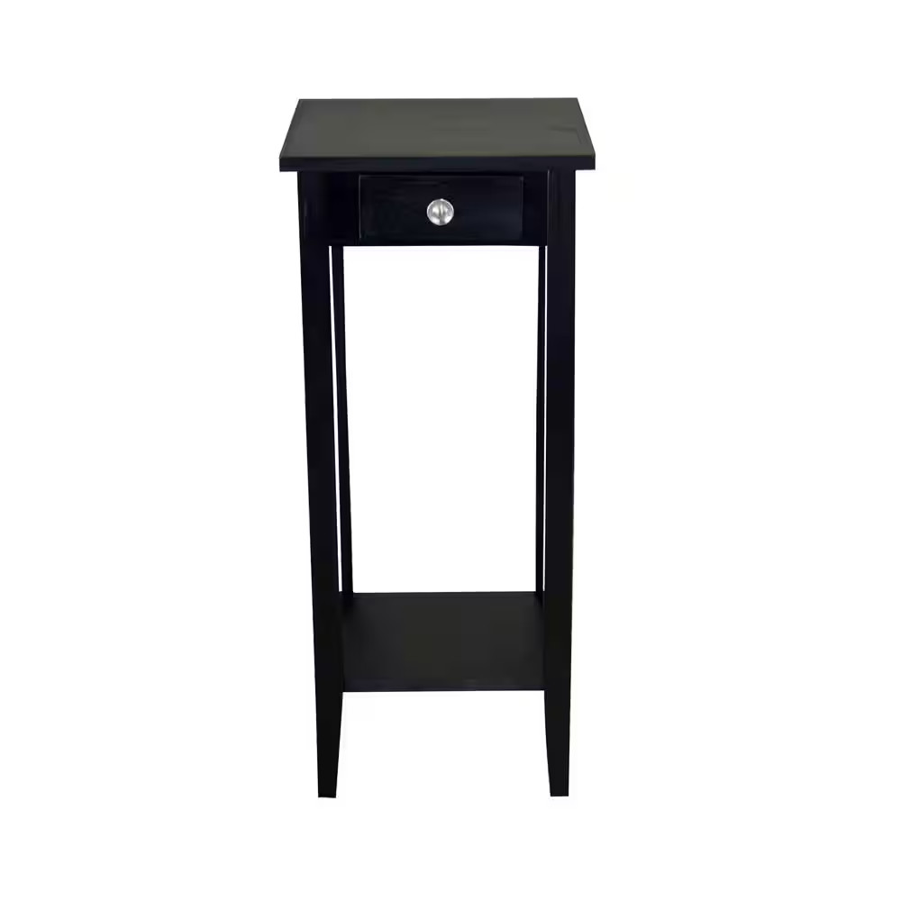 12 In. Square Black 27 In. Tall Square Wood End Table with Drawer and Shelf