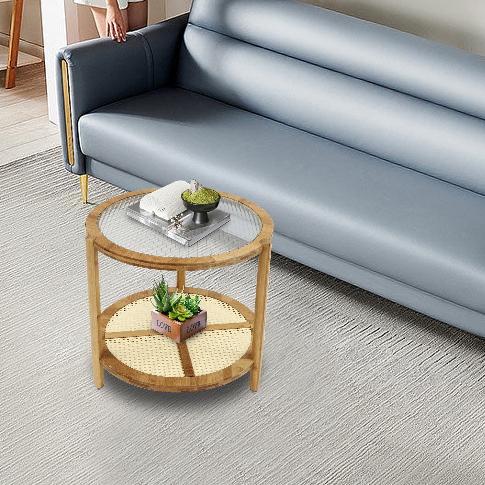 Round Coffee Table,Wood Living Room Table 2 Tiers Indoor End Table Free Standing
